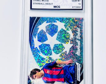 GRADED 10 LIONEL MESSI 2023-24 Topps Chrome Uefa Starball Debut Barcelona Soccer Gem Mint