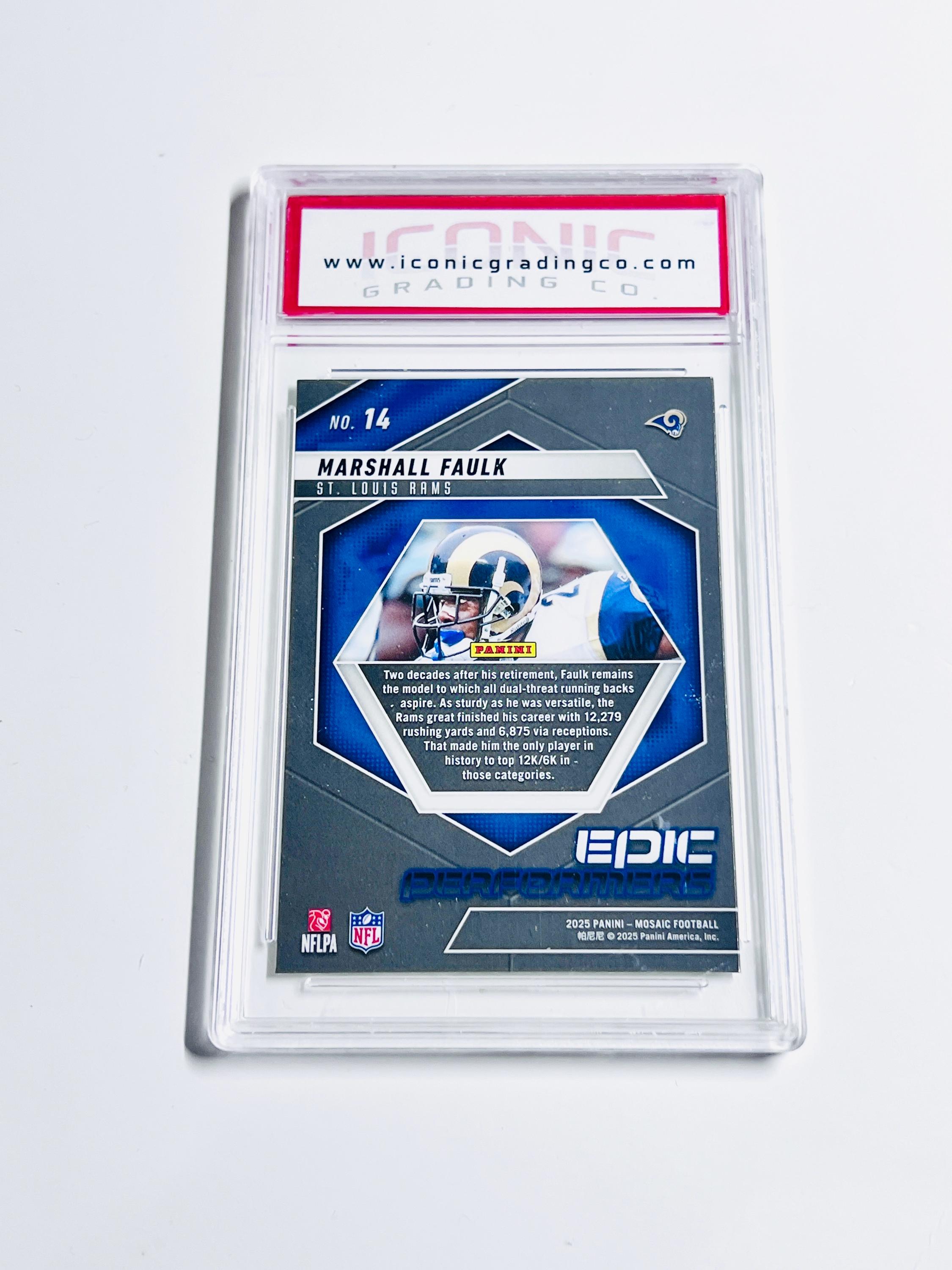 GRADED 10 MARSHALL FAULK 2025 Mosaic Epic Performers #14 Rams
