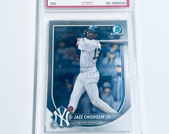 Tarjeta de Jazz Chisholm Jr. de 2025, Bowman Chrome #34, New York Yankees, en perfecto estado.
