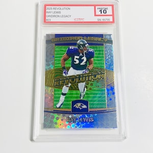 May include: A Ray Lewis football trading card from the 2025 Revolution series, graded Pristine 10. The card features a player in a purple and white uniform. The card is encased in a clear protective holder.