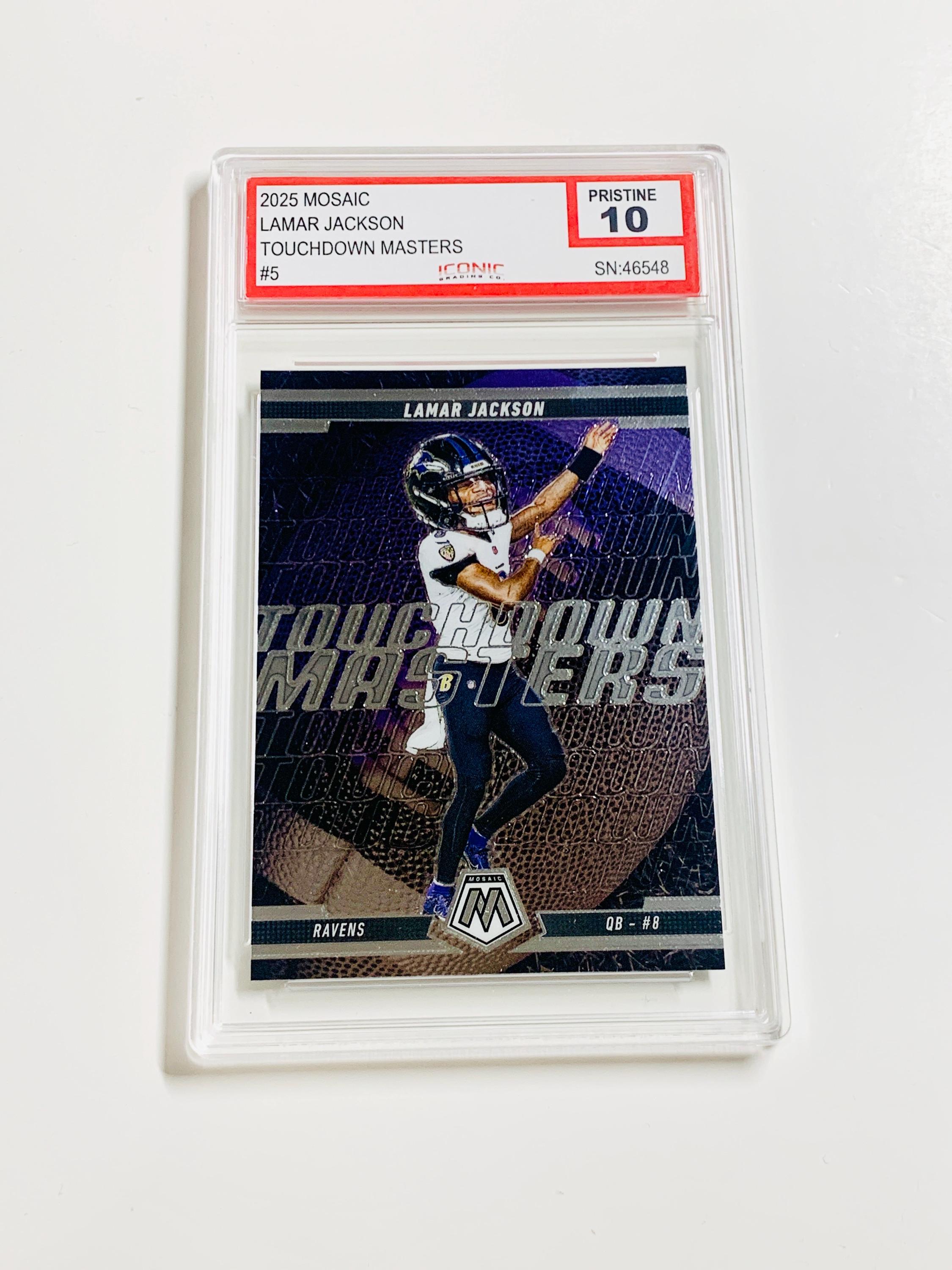GRADED 10 LAMAR JACKSON 2025 Mosaic Touchdown Masters #5 Baltimore Ravens Pristine Card GRADED 10 LAMAR JACKSON 2025 Mosaic Touchdown Masters #5 Baltimore Ravens Pristine Card