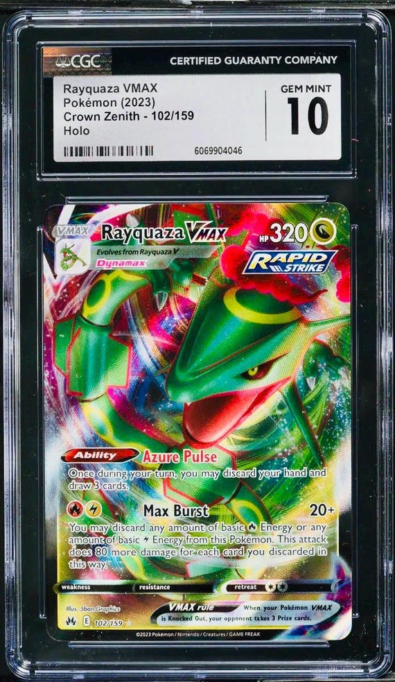CGC 10 RAYQUAZA VMAX Full Art 2023 Pokemon Crown Zenith 102/159 Holo Graded Card Gem Mint CGC 10 RAYQUAZA VMAX Full Art 2023 Pokemon Crown Zenith 102/159 Holo Graded Card Gem Mint