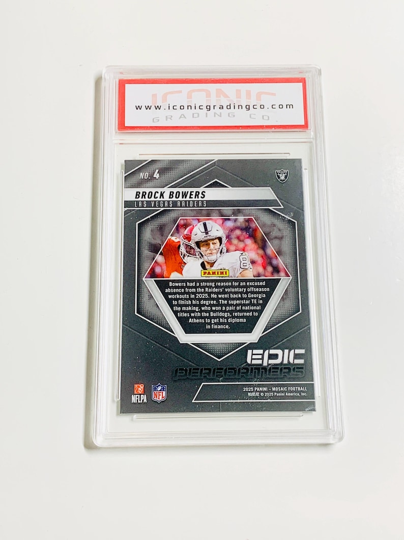 以下が含まれることがあります： ラスベガス・レイダースのブロック・バワーズ選手のフットボールカード。透明なケースに収められ、評価されています。カードにはPaniniのロゴと「EPIC PERFORMERS」の文字があります。評価会社のウェブサイトが上部に表示されています。