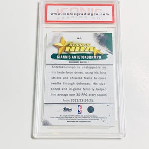 May include: A graded sports card featuring Giannis Antetokounmpo from the Milwaukee Bucks. The card is encased in a clear plastic holder with the Iconic Grading Co. logo at the top. The card's design includes the NBA logo and Topps branding.