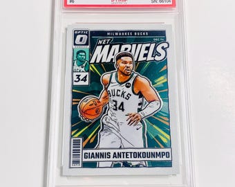GRADED 10 GIANNIS ANTETOKOUNMPO 2024 Donruss Optic Net Marvels #6 “Greek Freak” Milwaukee Bucks Pristine Card