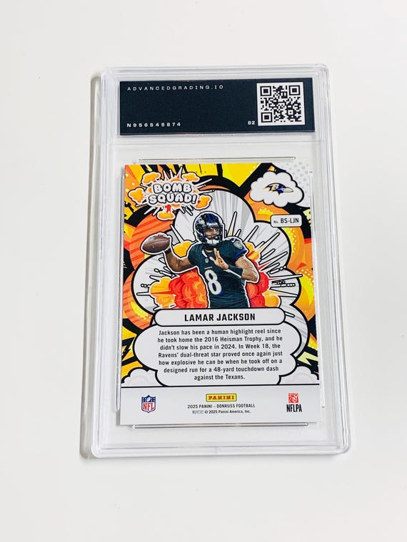 GRADED 10 LAMAR JACKSON 2025 Donruss Bomb Squad Baltimore Ravens Card Gem  Mint