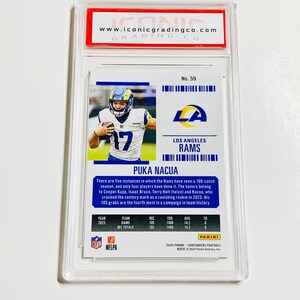 May include: A Los Angeles Rams football trading card featuring Puka Nacua in a protective case. The card displays a photo of the player in a Rams uniform, along with statistics and the team logo. The card is graded by Iconic Grading Co.
