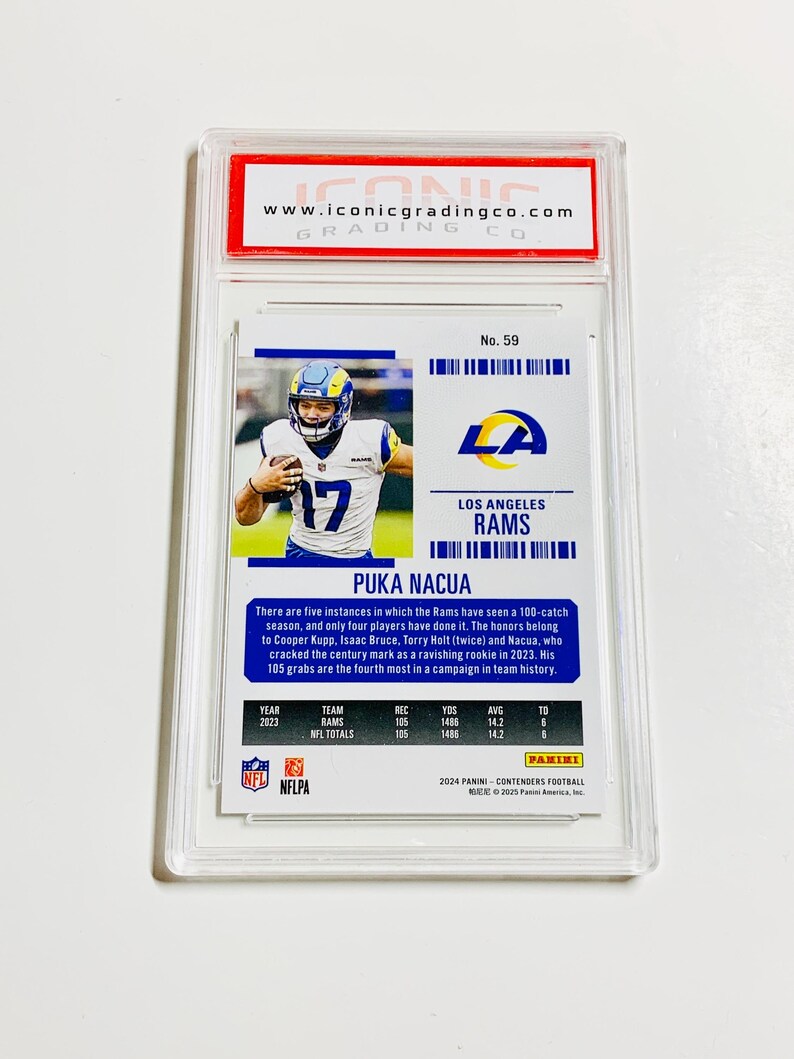 May include: A Los Angeles Rams football trading card featuring Puka Nacua in a protective case. The card displays a photo of the player in a Rams uniform, along with statistics and the team logo. The card is graded by Iconic Grading Co.