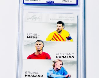 GRADED 10 Lionel MESSI / Cristiano RONALDO / Erling Haaland Special Version Exclusive Legends Edition Triple Fussball Gem Mint
