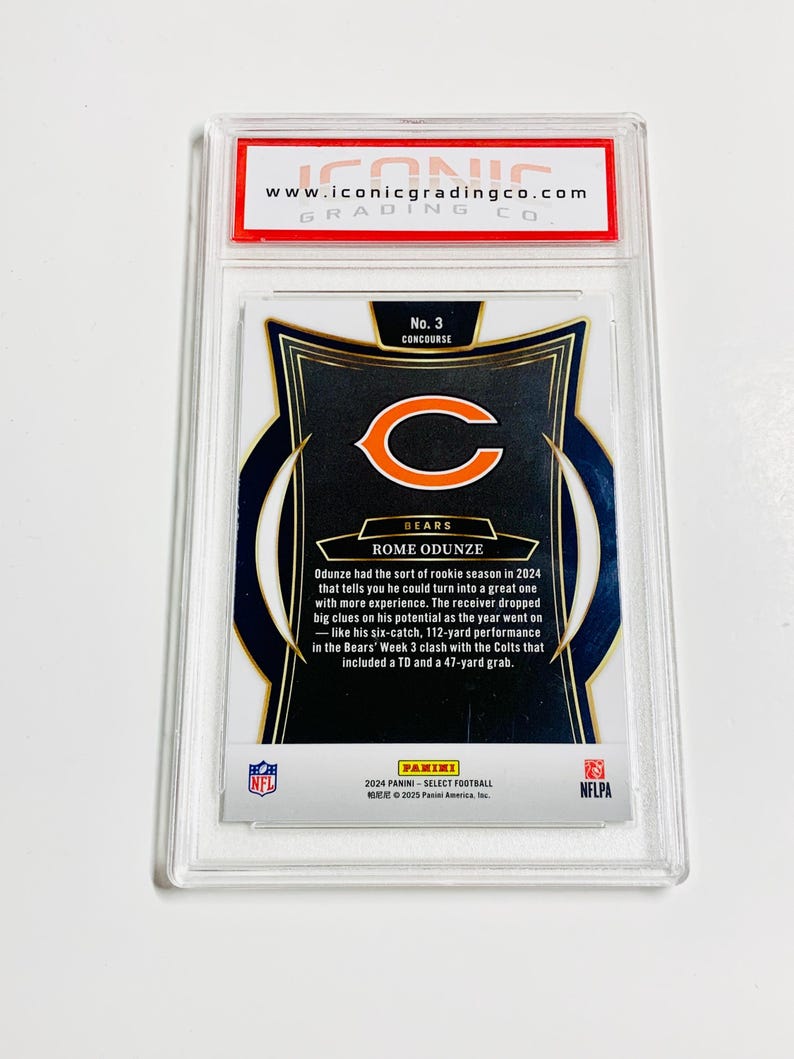 May include: A graded football card featuring Rome Odunze of the Chicago Bears. The card is encased in a clear plastic holder with the "ICONIC GRADING CO." logo at the top. The card's design includes the team logo and player information.