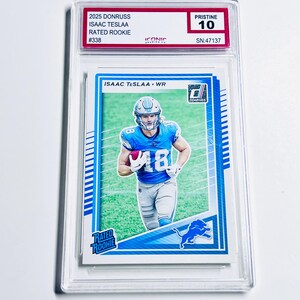 Karta debiutanta ISAAC TeSLAA GRADED 10 2025 Donruss Rated Rookie #338 Detroit Lions PRISTINE Card zdjęcie 1