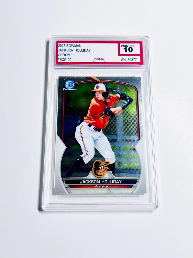 CALIFICADO 10 Jackson Holliday 2023 Bowman #BCP-20 Tarjeta de novato de Chrome Prospects Tarjeta prístina de los Orioles imagen 1