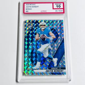 GRADED 10 JUSTIN HERBERT 2025 Mosaic Silver Mosaic Prizm #80 Los Angeles Chargers Pristine Card image 1