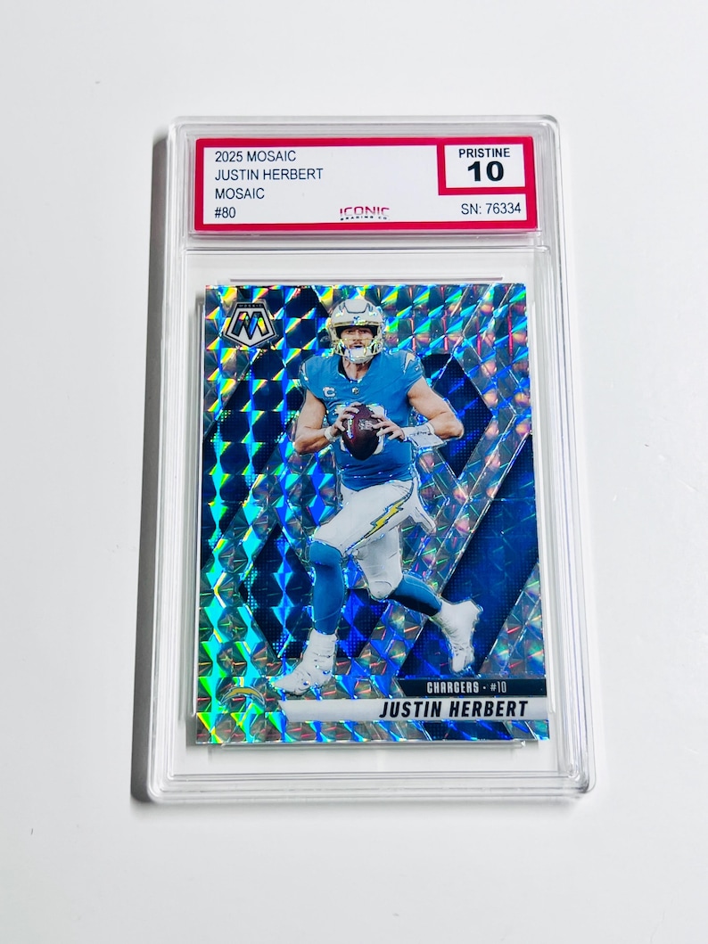 GRADED 10 JUSTIN HERBERT 2025 Mosaic Silver Mosaic Prizm #80 Los Angeles Chargers Pristine Card image 1