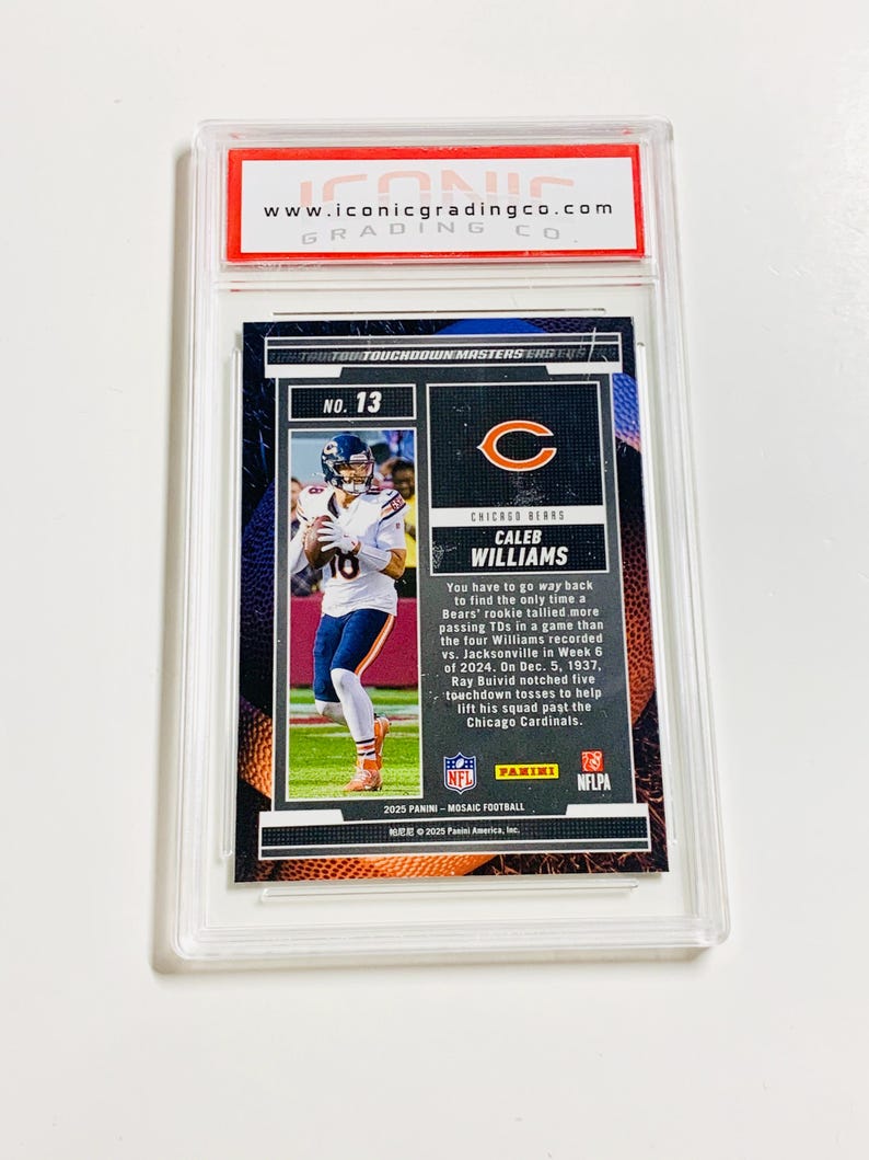 May include: A graded Caleb Williams football card from the 2025 Panini Mosaic Football series. The card features a photo of Williams in his Chicago Bears uniform. The card is encased in a clear protective holder.