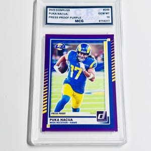 BETYGSÄTTNING 10 PUKA NACUA 2025 Donruss Press Proof Lila #289 Los Angeles Rams Kort Gem Mint bild 1