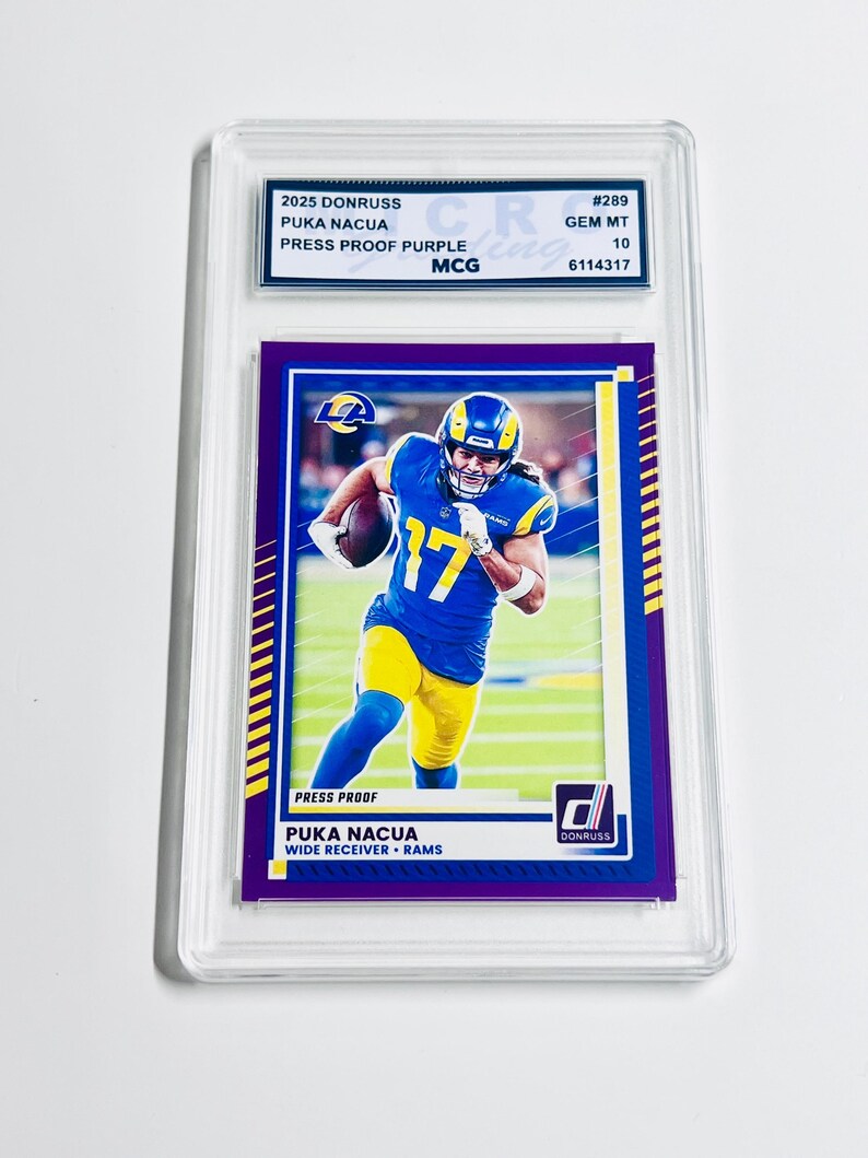 BETYGSÄTTNING 10 PUKA NACUA 2025 Donruss Press Proof Lila #289 Los Angeles Rams Kort Gem Mint bild 1