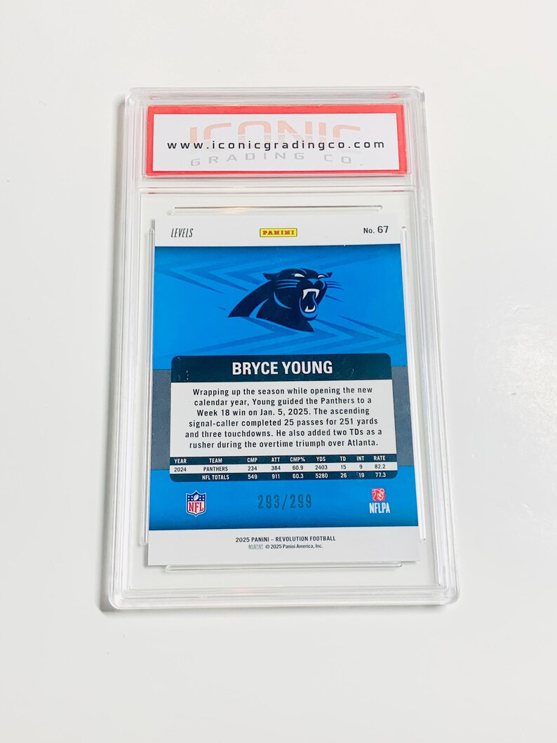 May include: A graded Bryce Young football card from the 2025 Panini Revolution series. The card features a blue and black Carolina Panthers logo and player statistics. The card is encased in a clear protective holder.