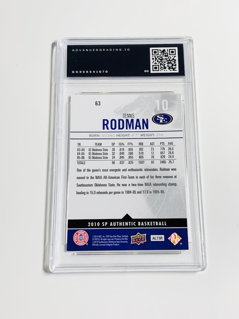May include: A Dennis Rodman basketball card from the 2010 SP Authentic series, encased in a protective holder. The card features Rodman's name, statistics, and a brief biography. The card is graded by Advanced Grading.