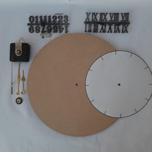 May include: A DIY clock kit with a wooden clock face, white clock face, black Roman numeral clock hands, black number clock hands, and a clock mechanism.