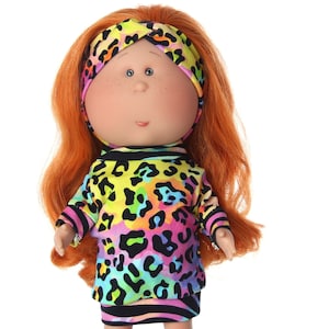 Vestido para muñeca Mia con estampado de GUEPARDO ARCOÍRIS, minivestido Mia, vestido de leopardo arcoíris, vestido para muñeca Mia, vestido de punto elástico, ropa para muñeca Mia