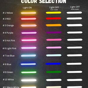 The picture shows LED Neon color palette for custom neon signs showing 11 available colors including warm white, cool white, yellow, orange, red, pink, purple, blue, ice blue, green, and lime green. Neon sign color options for personalized light signs, custom LED wall decor, and handmade glowing signage for home, events, or business