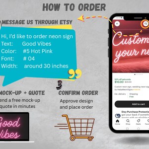 May include: Image showing how to order a custom neon sign on Etsy. The steps include messaging the seller, receiving a free mock-up, and confirming the order. The sign is approximately 30 inches wide and features the text "Good Vibes" in hot pink.