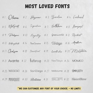 The picture shows Font style chart for custom neon signs displaying available font options for personalized LED signs. Choose from modern, cursive, handwritten, bold, and minimalist fonts to customize your neon light sign. Ideal for home decor, weddings, events, business signage, and unique gift ideas.