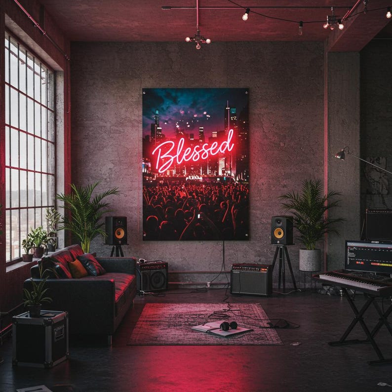 May include: A large wall art print featuring a vibrant neon sign that reads "Blessed" in red script. The artwork depicts a cityscape with a crowd of people, illuminated by the neon glow. The room has a modern, industrial aesthetic with a sofa, speakers, and plants.