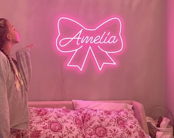 Custom Bow Name Neon Sign, Pink Bow LED Name Neon Girl's Room Sign ,Nursery Dorm Home Wall Decor ,Birthday Party Gift, Festive Gifts