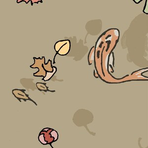 May include: A digital illustration of a pond with a single orange fish swimming. The pond is decorated with brown leaves and yellow lily pads.