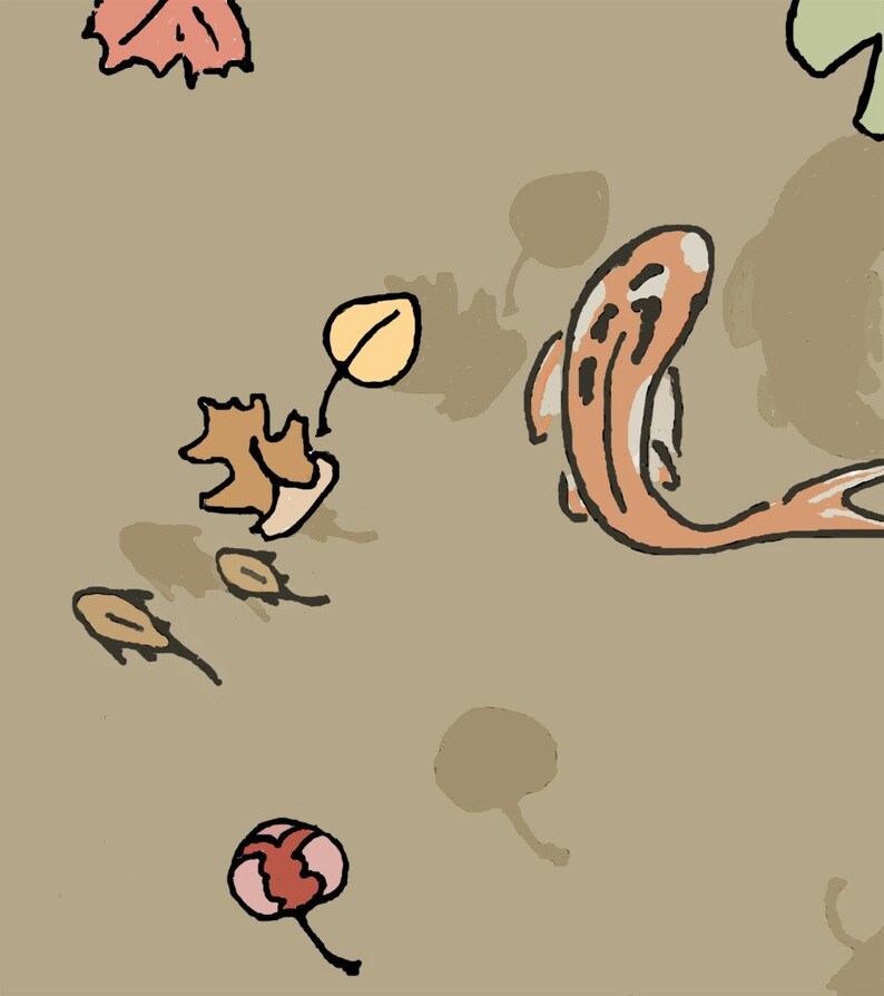 May include: A digital illustration of a pond with a single orange fish swimming. The pond is decorated with brown leaves and yellow lily pads.
