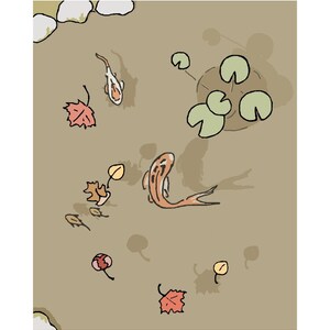 May include: A top-down view of a pond with two orange and white koi fish swimming. The pond is surrounded by green lily pads and brown rocks. There are also several red and yellow leaves floating on the surface of the water.