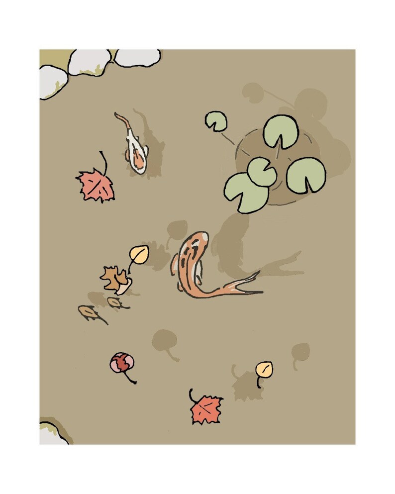 May include: A top-down view of a pond with two orange and white koi fish swimming. The pond is surrounded by green lily pads and brown rocks. There are also several red and yellow leaves floating on the surface of the water.