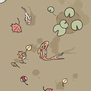 May include: A top-down view of a pond with two orange and white koi fish swimming. The pond is surrounded by rocks and lily pads. There are also several fallen leaves in the water.