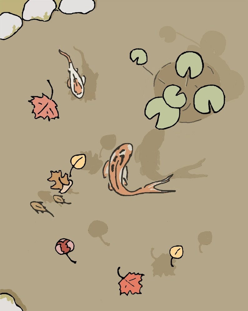 May include: A top-down view of a pond with two orange and white koi fish swimming. The pond is surrounded by rocks and lily pads. There are also several fallen leaves in the water.