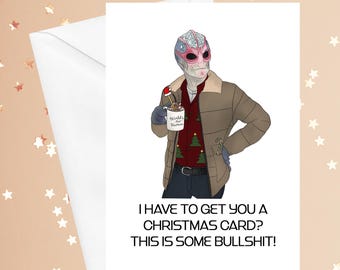 May include: Greeting card with an illustration of an alien wearing a winter coat and holding a mug that says "World's Best Human." The card reads "I HAVE TO GET YOU A CHRISTMAS CARD? THIS IS SOME BULLSHIT!" on a peach background.