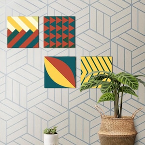 Modernes geometrisches Holzwand-Kunst-Set, bunte quadratische dekorative Holzplatten, minimalistische Holzwanddekoration für Wohnzimmer und Büro