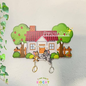Personalisierter Holzschlüsselhalter, Tom & Jerry Keys, Cartoon-Schlüsselhalter, Einweihungsgeschenk, personalisiertes Geschenk, Wandbehang, Paargeschenke