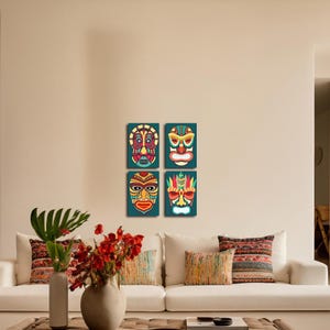 Colorful African Tribal Mask Wooden Wall Art, Handcrafted Ethnic Face Decor for Living Room, Boho Style African Wall Hanging, Unique Art
