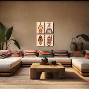 African Tribal Mask Wooden Wall Art, Handcrafted Wooden Mask Decor for Living Room, Boho Ethnic Face Art, Unique African Wall Hanging Set