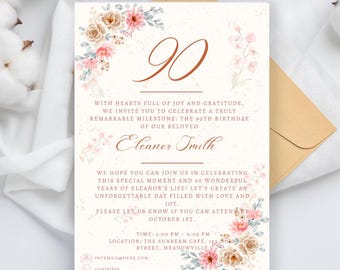 May include: A floral-themed 90th birthday invitation with a peach and white color scheme. The invitation features a floral design with peach and white flowers and greenery. The text on the invitation reads "90", "With hearts full of joy and gratitude, we invite you to celebrate a truly remarkable milestone: the 90th birthday of our beloved Eleaner Smith. We hope you can join us in celebrating this special moment and 90 wonderful years of Eleaner's life! Let's create an unforgettable day filled with love and joy. Please let us know if you can attend by October 1st. Time: 2:00 PM - 6:00 PM. Location: The Sunbeam Cafe, [street name] Street, Meadowville. PUTEEMAIL@HERE.COM 1234567800"