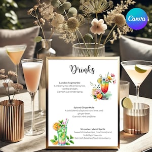 Carte de printemps, carte d'été, carte de bar tropical, boisson signature, carte de cocktails, personnalisable, modifiable, cocktail, cocktail d'été