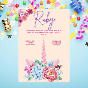 Editable Unicorn Birthday Invitation, watercolor flower, invitation template, unicorn birthday, pastel, unicorn party, 1st birthday girl