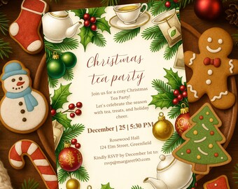 Może przedstawiać: Zaproszenie na świąteczne przyjęcie herbaciane z uroczystymi dekoracjami. Zaproszenie zawiera tekst "Christmas tea party" otoczony ostrokrzewem, filiżankami do herbaty i piernikami. Zaproszenie zawiera również datę, godzinę i miejsce wydarzenia.