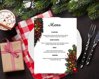 Retro Christmas Menu Template: Floral Dinner Party (Editable Canva Template)