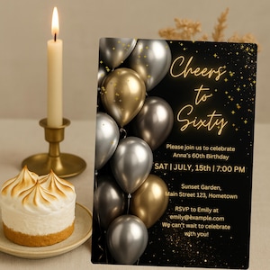60th birthday invitation black and gold, 60th birthday party, 60, template invitation, 60th birthday decor, flower theme, gift tag, digital
