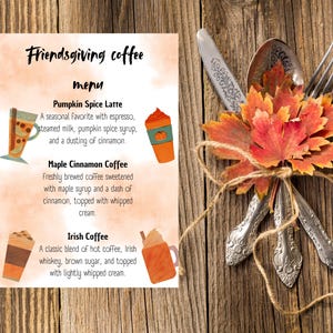 Cardápio editável de Ação de Graças, cardápio de Ação de Graças, cardápio de café, festa de Ação de Graças, bebidas para festa de Ação de Graças, cartão de café de abóbora,
