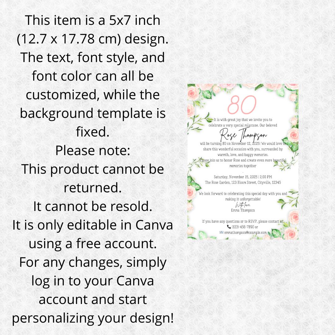 Pink Roses 80th Birthday Invitation Template (5x7 Inch) - Etsy
