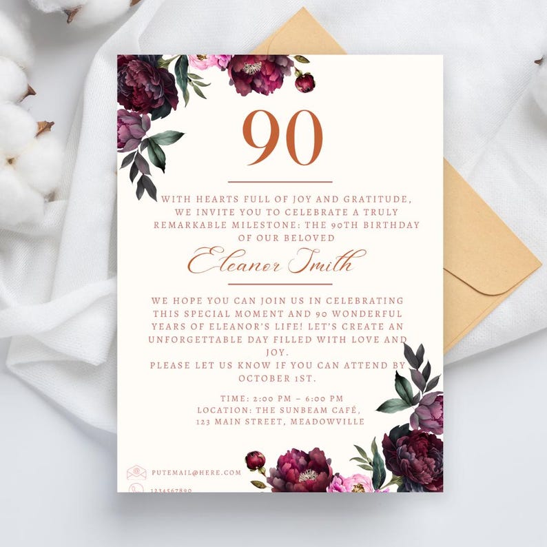 90th Birthday Invite, 90th Birthday Invitation, 90th Birthday Party ...